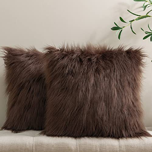 Phantoscope Pack of 2 Faux Fur Solid Throw Decorative Pillow Cover Cushion Covers Luxury Soft Decorative Pillowcase Fuzzy Pillow Covers for Bed/Couch,Coffee 18 x 18 Inches