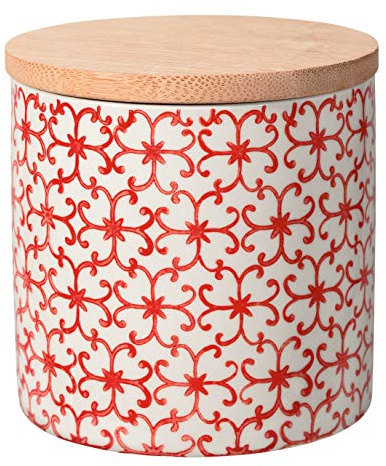 Bloomingville Dose Carla Express Aufbewahrung Behälter Topf Pott luftdicht Ø 10 x H 10 cm, rot, Keramik, Bambus, fasst ca. 400 ml