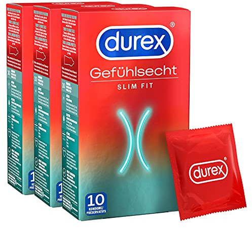 Durex Gefühlsecht Slim Fit Kondome – Hauchzarte Kondome mit schmaler Passform für intensives Empfinden – 30er Pack (3 x 10 Stück)