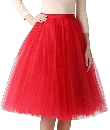 Xmiral Damen Tüll Tutu Rock Plissee Gaze Reine Farbe Knielanges Elastisch Ballett Tanzenrock(Rot)