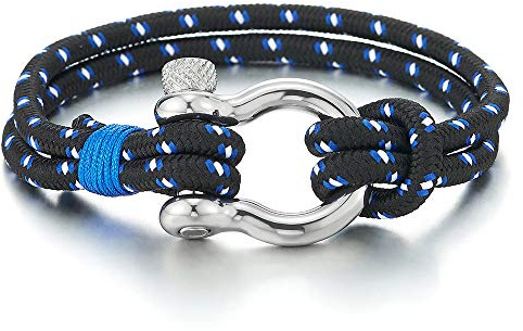 COOLSTEELANDBEYOND Acero Tornillo Grillete del Ancla, Hombre Mujer Azul Blanco Pulsera del Abrigo Cuerda Trenzado, Náutico Marinero Tejido