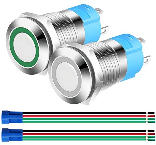 Gebildet 2 st 0,47 tum/12 mm Rostfritt Stål Momentan Tryckknapp 12 V-24 V 3 A LED Normalt öppen SPST På-Av Vattentät Knapp med Kabeluttagskontakt (Vit + Grön, Varje Färg 1 st)
