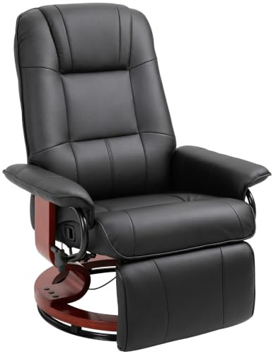 HOMCOM Fauteuil Relax Inclinable, Fauteuil de Salon, Repose-Pieds Réglable, Pivotant 360°, Piètement Bois, Revêtement Synthétique, Noir