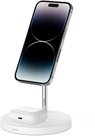Belkin 2-in-1 Wireless Charger with MagSafe, (15W Fast Charging iPhone Charger Stand for iPhone 14, 13, 12 Series, Airpods and Other MagSafe Enabled Devices with Included Power Adapter) - White