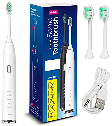 Maclean PR-740W Elektrische Schallzahnbürste mit Reise-Etui Zahnbürste 5 Reinigungs-Modi mit 2 Aufsteckbürsten 2-Minuten-Timer IPX7 Wasserdicht USB-Aufladung (Schallzahnbürste, Weiß)