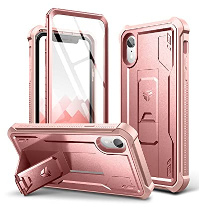 Dexnor Funda para iPhone XR, [protector de pantalla integrado y soporte] Protección de grado militar resistente a prueba de golpes para iPhone XR, oro rosa