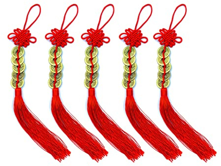 BOBOZHONG 5 Set Monete Cinesi Fortuna Moneta Portafortuna Monete Feng Shui Monete Nodo I-Ching Monete Tradizionali Stringa Rossa Filo Portafortunaper Ricchezza e Successo