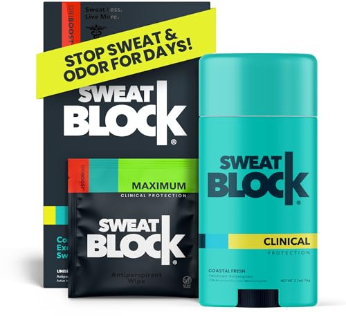 SweatBlock Maximum Clinical Strength Antiperspirant and Deodorant System for Men and Women Hyperhidrosis Aid for Excessive Sweating and Odor 10 DRIBOOST Wipes Plus Unisex Deodorant Stick 2.7 oz