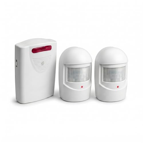 Irishom Wireless Motion Sensor Alarm, 2 PIR Detectors & 1 Plug-in Receiver, 387ft Range, with LED Flash & 120dB Audio Alert, IP44 Weatherproof Shed Driveway Garden