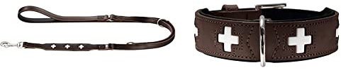 HUNTER Swiss Verstellbare Führleine für Hunde, Leder, hochwertig, Schweizer Kreuz, 1,8 x 200 cm, braun & Swiss Hundehalsband, Leder, hochwertig, Schweizer Kreuz, 60 (M-L), braun/schwarz
