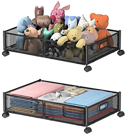 Under Bed Storage Containers, Shoe Storage With Wheels, Foldable Bedroom Storage Organization with Handles, Under Bed Storage Bins Drawer For Clothes, Blankets And Shoes, Bedding (2 Pack, Black)