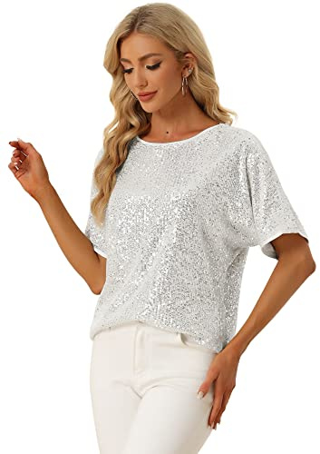 Allegra K Damen Festlich Oberteil Pailletten Kurzarm Party Glitzer Top | Silber XL