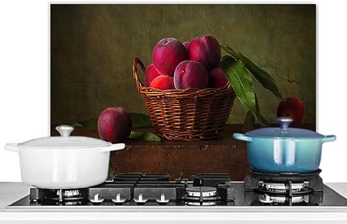 KitchenYeah© Pannello Paraschizzi Cucina Alluminio 60x40 cm para Schizzi per Piano Cottura Parete Cucine Cestino - Prugna - Rosa - Rustico - Frutta - Natura Morta