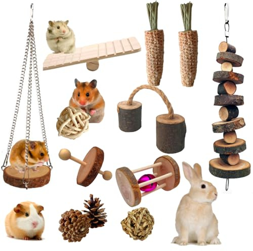 Aisamco Giochi di attività per Piccoli Animali Set di Giocattoli da Masticare Giocattoli molari Cura dei Denti Altalena in Legno di melo Altalena per criceti, porcellini d'India, cincillà, Conigli