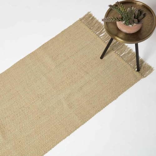 Homescapes Zaphyr Jute-Läufer Natur 66x200 cm, Flachgewebe-Teppich Naturfasern, Natur-Teppich-Läufer mit Fransen