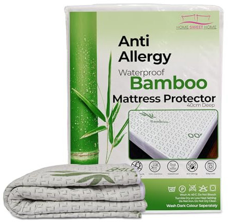 Home Sweet Home UK Anti-Allergy Luxury Bamboo Mattress Protector - Waterproof Single Size Fitted Mattress Cover with 40CM Deep Pocket
