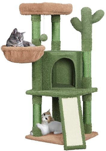 Yaheetech 107cm Cactus Cat Tree for Indoor Cats, Ladder with Sisal Pad | Multilevel Cat Tower, Basket & Hanging Ball, Scratching Post, Soft Moppy Covering, Padded Platform