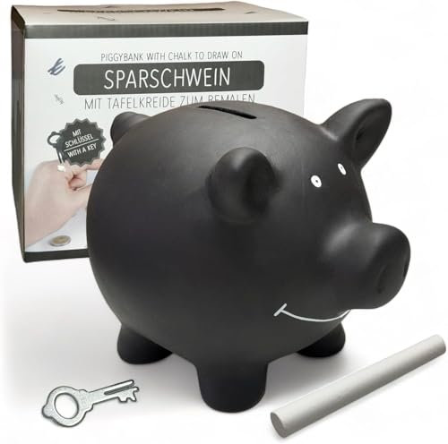 MIJOMA Keramik Sparschwein mit Tafel-Oberfläche – Inklusive Kreide, Schloss mit Schlüssel, 17.5x13.5x14.4 cm, Farbe Schwarz