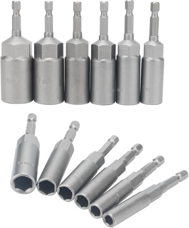 DAKFOOK 12PCS Deepen Hexagon Sockets Set, 6-19mm Hex Shank Nut Setter Driver, 1/4 Inch Hex Drill Bit Set for Screwdriver, 80mm Length