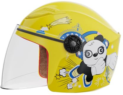 Kinder Motorradhelm, Jungen und Mädchen Rollerhelm, Mofa Helm, jethelm mit Sonnenblende, Fahrradhelm, 49-57cm, für 6 Jahre - 12 Jahre Kid. (Gelber Panda)