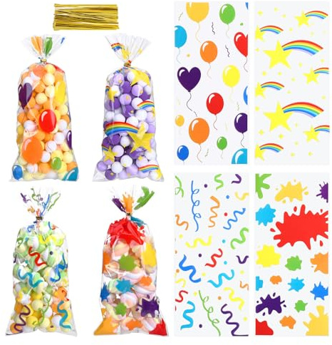 GWHOLE 100 Stück Süßigkeiten Tüten Cellophantüten Transparent Plastiktüten Candy Bar Tüten Zellophantüten Geschenktüten mit 120 Twist Ties für Popcorn Geschenke Party Geburtstag Hochzeit, 27 x 13 CM