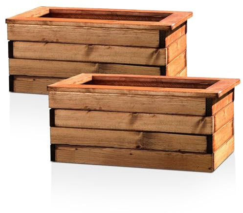 Hortico Large Plant Pots 2 x 57cm Wooden Planters for Garden Trough, 73L | 2 Pack, L57 W33 H31 cm, Fully Assembled, Made in the UK, Rustic, Scandinavian Redwood, Decking Planters, Plant Pots Outdoor