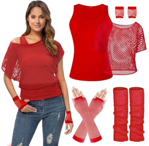 80er 90er Jahre Outfit Damen, Netzshirt, Tank top, Beinwärmer, Netzhandschuhe, Kostüm 80er Jahre Netzoberteil Damen Tops Neon Shirt 80s Aerobic Outfit Kleidung Mottoparty Accessoires Frauen