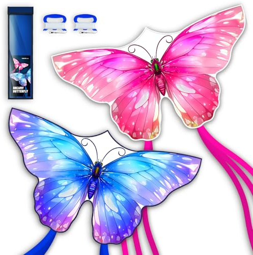 SGftre 2 Piece Set Butterfly Kites for Kids and Adults，Easy to Fly Outdoor Toy for Boys and Girls, for Children, Ideal for Beach and Outdoor Activities (Pink +Blue Dreamy Butterfly, 2)