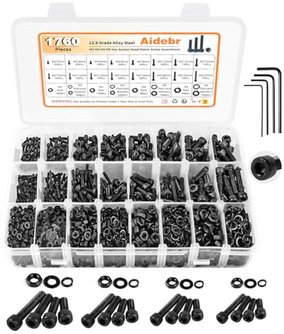 1760PCS Metric Screw Assortment, Grade 12.9 Alloy Steel M2 M3 M4 M5 Metric Bolts and Nuts Kit, Black Zinc Plated Hex Socket Head Cap Metric Screws Nuts and Bolts Set with Hex Wrenches