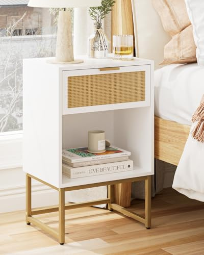 HEYZOEY Nachttisch Weiß im Rattan-Stil, Schublade & Fach, 40×30×60 cm | Großes offenes Fach und leichtgängige Schublade – moderner Beistelltisch für Schlafzimmer, Wohnzimmer oder Büro