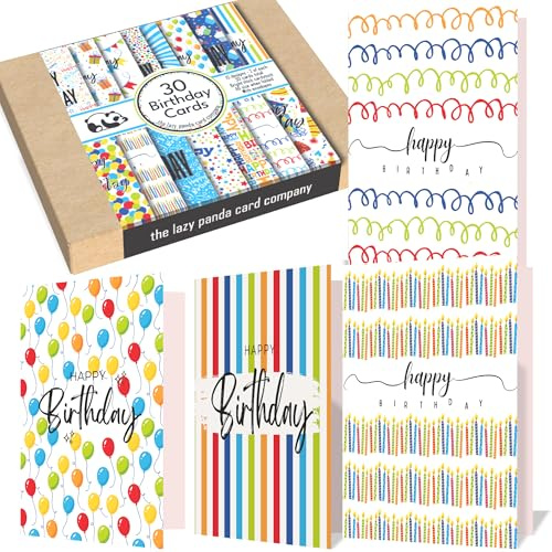 30 leuchtende Geburtstagskarten mit Umschlägen aus recyceltem Papier, 15 verschiedene Designs