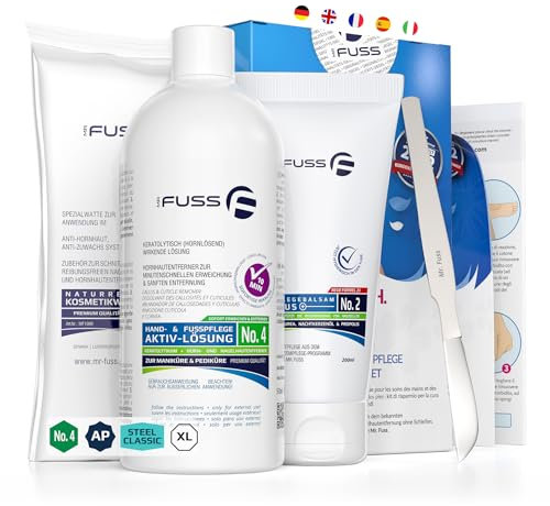 Mr. Fuss® No. 4 - Hornhautentferner Hand- und Fußpflege Set - Advanced Pack - 5 tlg. - Nagelhautentfernung - Schnell erweichend Wirkend, Lösung, Balsam, Watte, Instrumen
