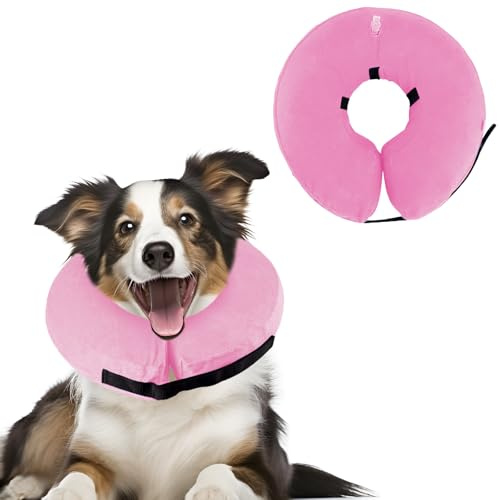 XIMEY Elizabethan Hundhalsband, Elizabethan Katthalsband, Uppblåsbart Hundhalsband, Lämplig för postoperativt huvudskydd, bröst och buk (rosa, M)