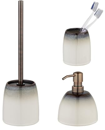 Schöner Wohnen Kollektion Bad-Acc.Set Mod. Osteto 3 TLG aus hochwertiger Keramik in Beige mit Seifenspender Zahnputzbecher und WC-Garnitur Maße 38,5 x 11,5 cm