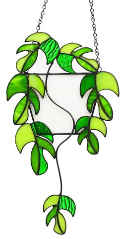Monstera Stained Glass Window Hanging Green Plant Suncatcher, Handcrafted Real Stained Glass Sun Catcher Window Wall Decor for Home Indoor Outdoor, Plant Lover Gifts