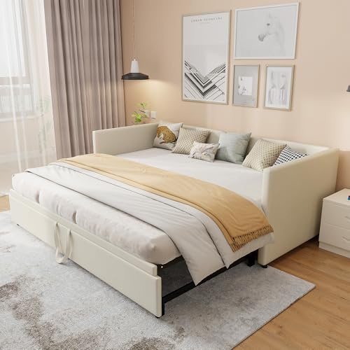 NNXHWY Tagesbett Ausziehbar 90/180x200 cm, Ausziehbares Schlafsofa mit Gästebett, Polsterbett Ausziehbett, Schlafcouch mit Lattenrosten, Bett Ausziehbar zum Doppelbett, Samt, Ohne Matratze (Beige)