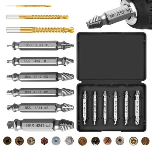 9PCS Damaged Screw Extractor Set, 6 HSS 4341 Screw Extractor Remover and 3 Twist Drill Bit, General Double Ended Grab Bolt Extractor for Damaged Broken Stripped Screws