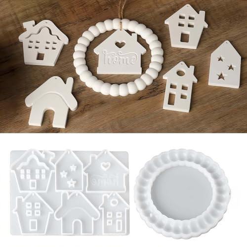 Silikonformen Gießformen Häuser, 2er Set für Anhänger aus Gips & Resin | Zwei Formen mit sechs Hausmotiven und Perlenkranz – ideal für dekorative Anhänger, Türkränze und Geschenke