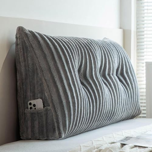 Rückenkissen Bett 100cm, Bettkissen Rückenlehne Kissen Grau, Große Dreieckiges Rückenstützkissen, Plüsch Bettkeilkissen für Kopfteil, Rückenpolster für die Wand, Waschbar Rückenlehnenpolster, Grau