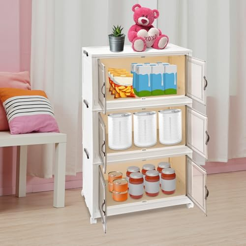 SAUADY 3 unidades de almacenamiento plegables armarios de almacenamiento organizador con 4 puertas y ruedas apilables contenedores de almacenamiento plegables con tapa cerraduras de seguridad para