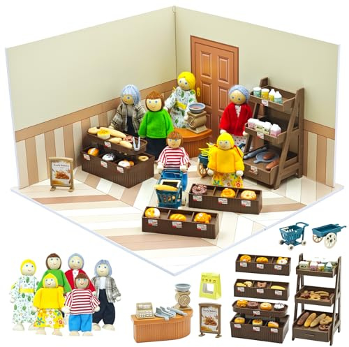 BBEUU Puppenhaus Puppen, 65 Stück Puppenhaus Figuren Familie, Mit Holz Biegepuppen, Bäckereiszene, Kasse, Brot, Brotkasten, Zange, Teller, Milch, Warenkorb Usw, Für Puppen Puppenhaus Zubehör Geschenk
