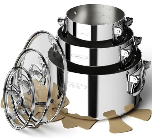 3-Ply Stainless Steel Stock Pot Set with Glass Lids – Space-Saving Stackable Trio Stockpot, Collapsible Handles, 18/10 Stainless Steel, Induction Ready (1.6/3.7/6.8 L)