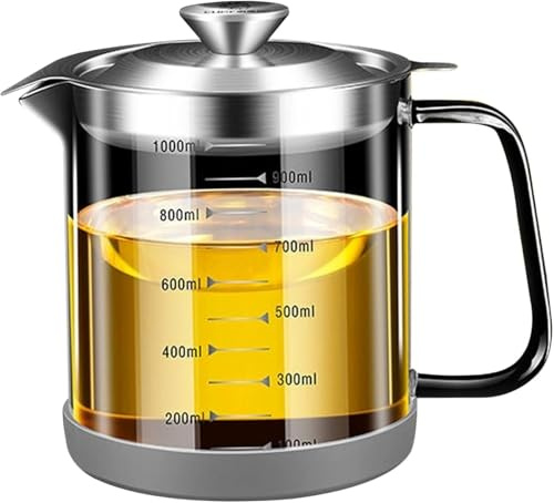 Colador de aceite Olla 1000ml/35oz Vidrio de escala transparente Contenedor de aceite usado Cocina con filtro y escala y mango Base de silicona Colador de grasa para el hogar restaurante
