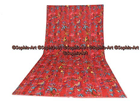Sophia Art Indische Bohemain-Bettwäsche, Kantha, Vintage, ethnische Baumwolle, Vogel, Kantha, Steppdecke, Tagesdecke, Patchwork-Steppdecke, Queen-Size-Größe, Kantha-Steppdecke, Rot