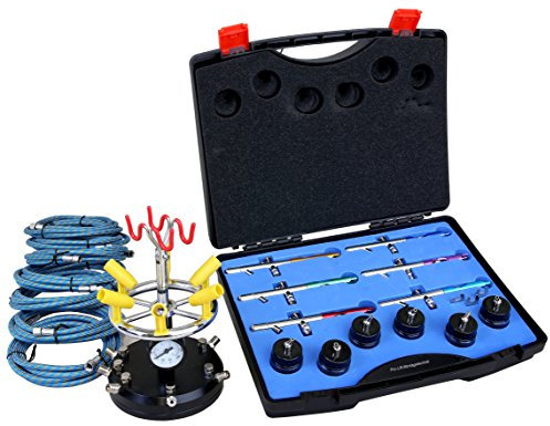 Pro-Lift-Werkzeuge Airbrush Komplettset mit 6 Airbrushpistolen, 6 Schläuche + Pistolenhalter Studio Modellbau Set Spritzpistolen