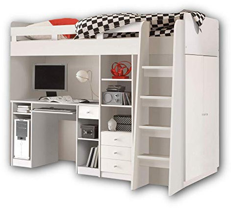 Stella Trading UNIT Hochbett mit Schreibtisch und Schrank 90 x 200 cm - Platzsparendes Kinder Etagenbett in weiß - 95 x 160 x 204 cm (B/H/T)