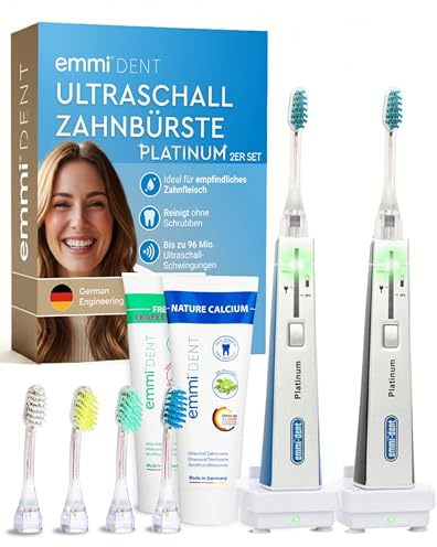 emmi-DENT Ultraschall Zahnbürste I Platinum Familien-Set in Blau I 2 Handteile inkl. Aufsätze, 2 Ladestationen & 2x Zahnpasta I Sanfte Plaque-Reduzierung ohne Bürstenbewegung
