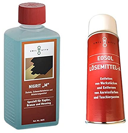 Brünier-Profi-Set 500 g Schwarzfärbe-Schnellbeize NIGRITM, Kaltbrünieren - Schwarzfärben von Kupfer, Bronze u. Messing + 400 ml Lösemittel A in Spraydose, Säubern u. Entfetten von Werkstücken