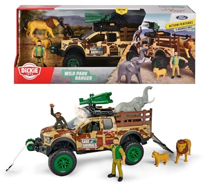 Dickie Toys 203837016 - Viltdjursparksset - Ford Raptor (25 cm) med frihjul, Ljus, Ljud, Djurbur, Nedfällbar ramp, Skjutande Nät och Vinsch, 2 Lejon, 1 Elefant och 1 Apa Ingår, Från 3 år