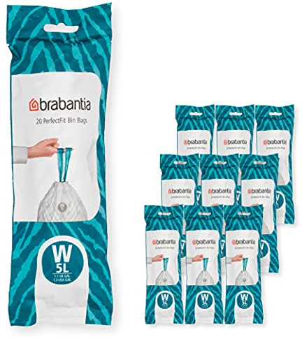 Brabantia Müllbeutel PerfectFit Multipack (Code W/5L) Extra Starke Müllsäcke mit Zugband, 10 rollen (200 Müllbeutel)